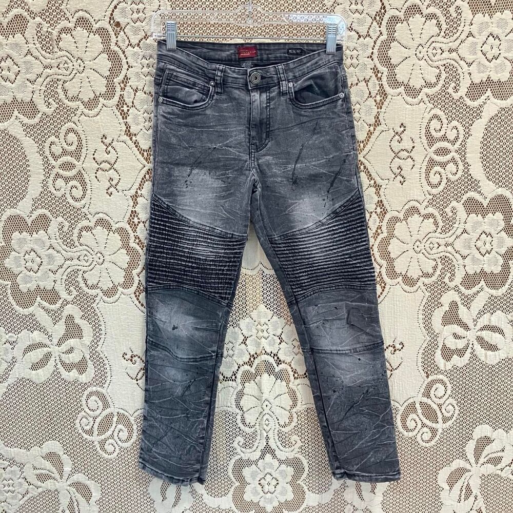 Gray skinny biker jeans ribbed texture, paint splatter, heavy wash, fading
